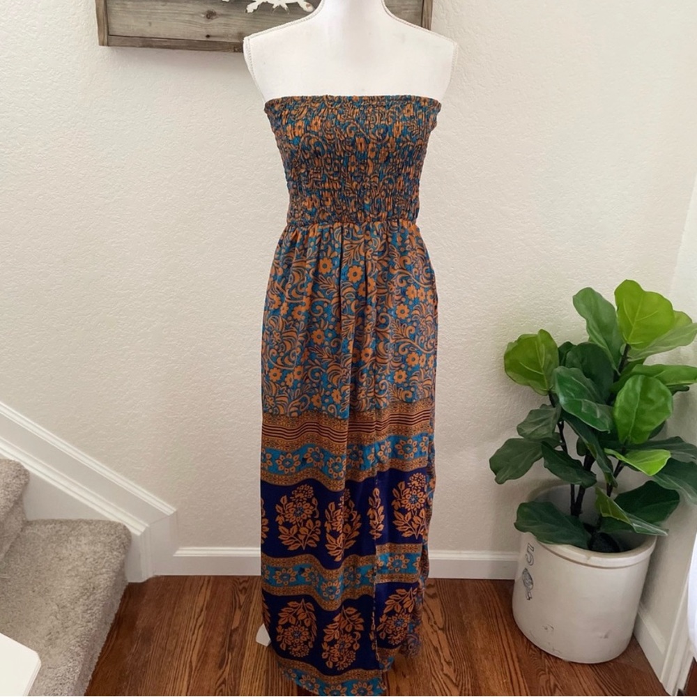 Evereve Raga Blue/Orange Addalynn Strapless Casual Maxi Dress M